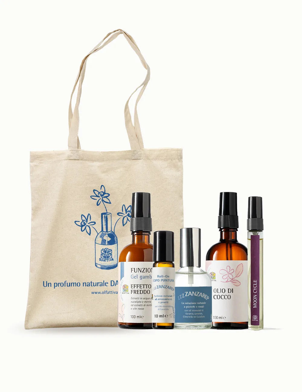 Kit Estate personalizzato con Moon Cycle, tote bag, Roll On dopopuntura e Zanzarep 50ml